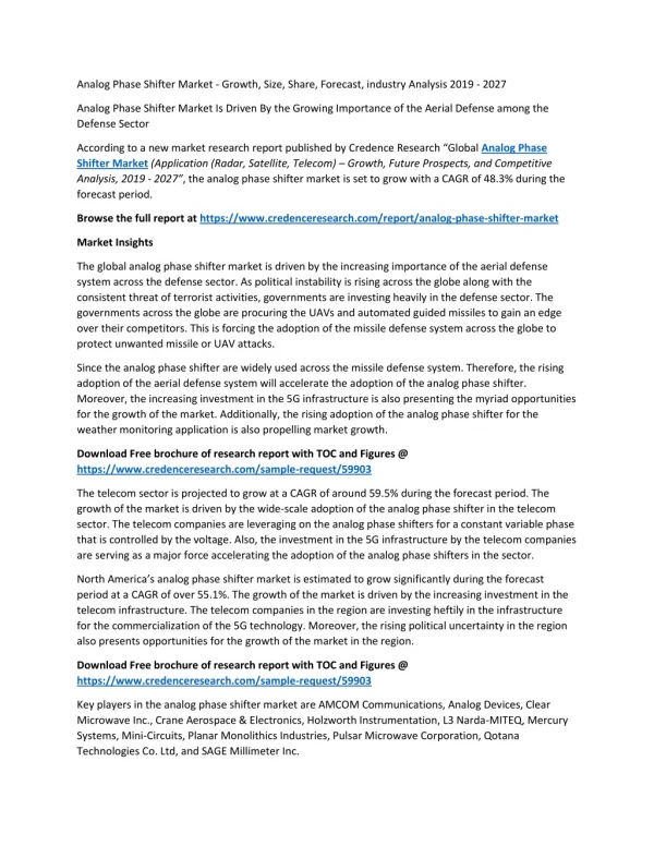 Analog Phase Shifter Market Is Driven By the Growing Importance of the Aerial Defense among the Defense Sector