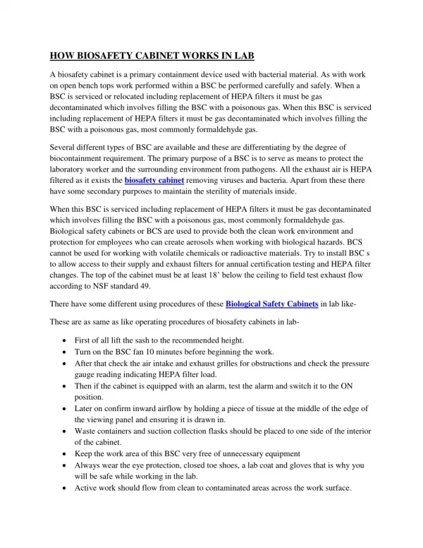 HOW BIOSAFETY CABINET WORKS IN LAB