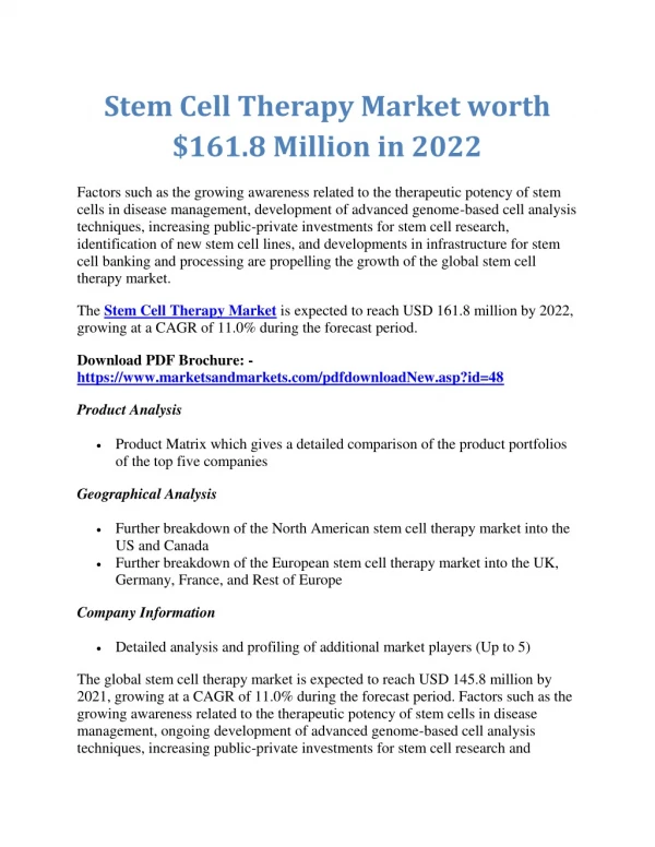 Stem Cell Therapy Market worth $161.8 Million in 2022