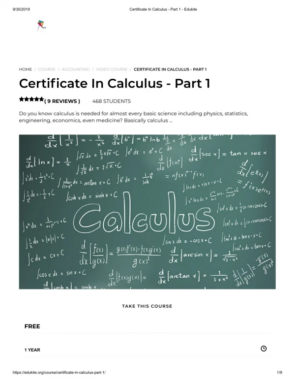 Certificate In Calculus - Part 1 - Edukite