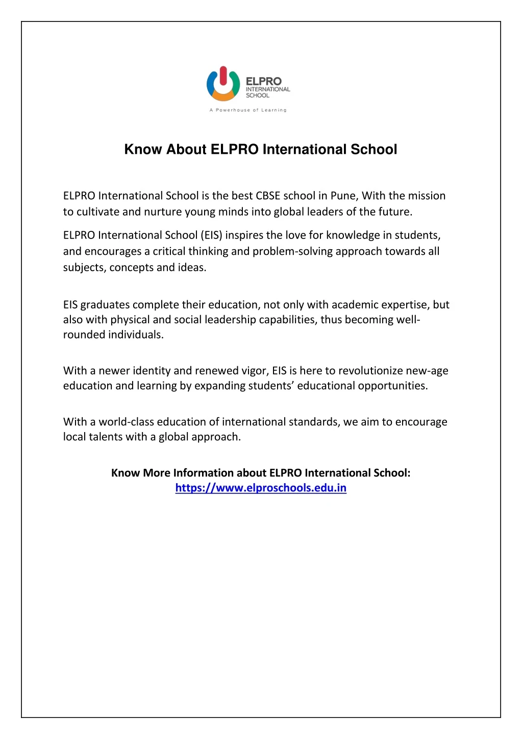 know about elpro international school