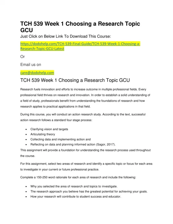 TCH 539 Week 1 Choosing a Research Topic GCU