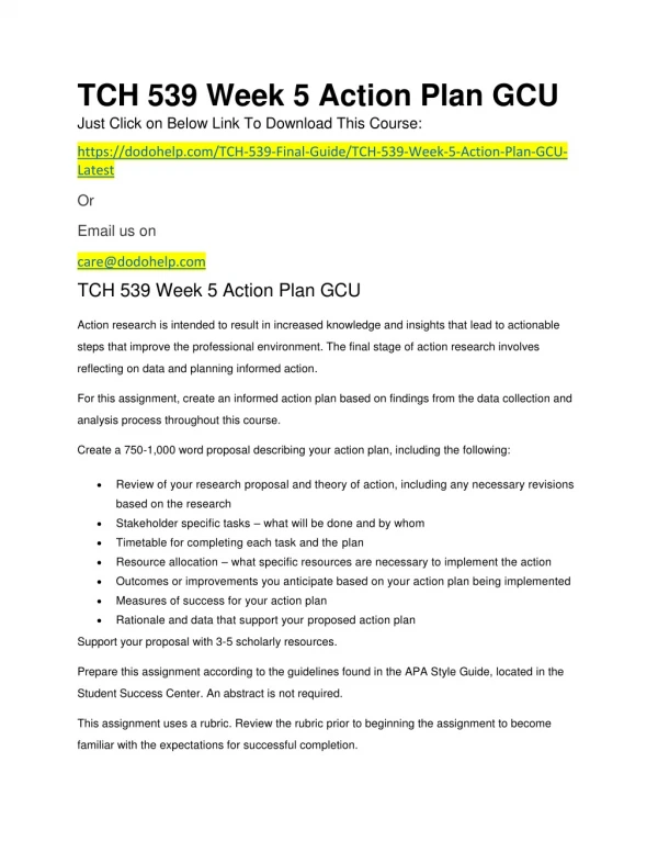 TCH 539 Week 5 Action Plan GCU