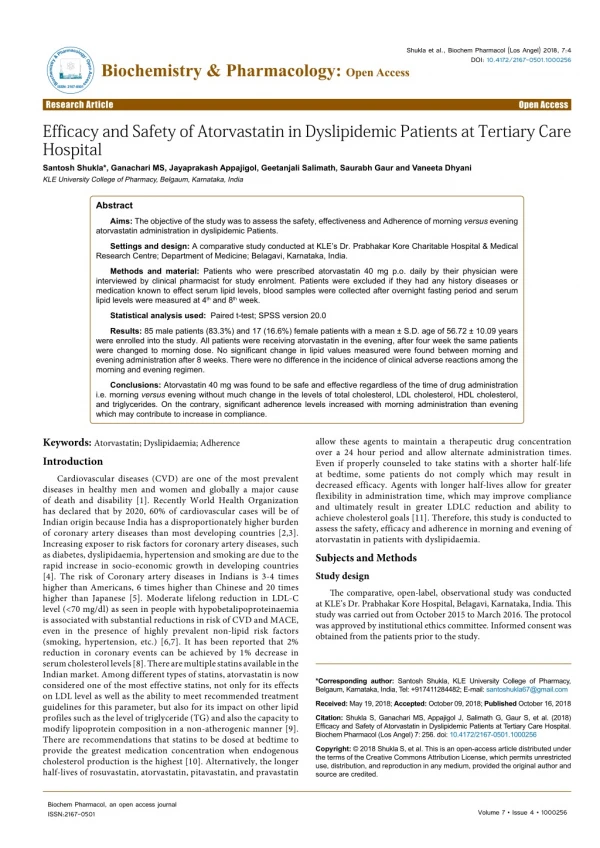 Efficacy and Safety of Atorvastatin in Dyslipidemic Patients at Tertiary Care Hospital