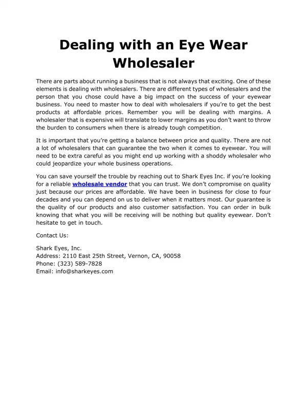 Dealing with an Eye Wear Wholesaler