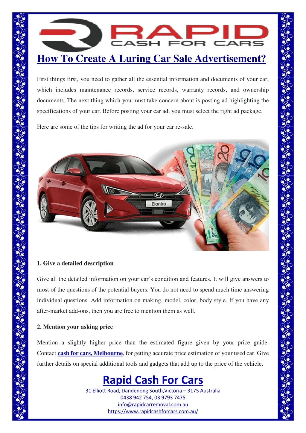 how to create a luring car sale advertisement