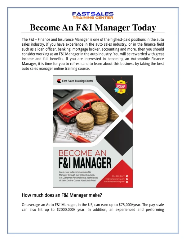 Become an F&I Manager Today