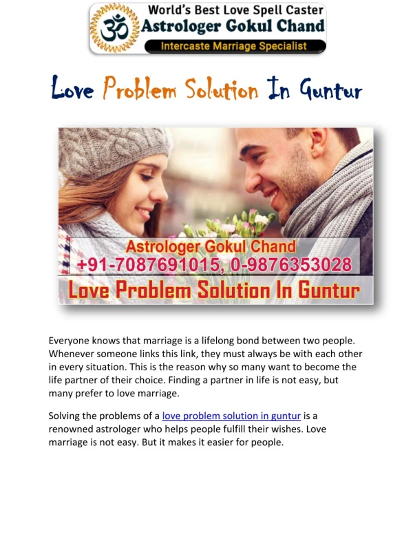 LOVE PROBLEM SOLUTION IN GUNTUR | BABA JI | 91-7087691015, 0-9876353028 | ASTROLOGER GOKUL CHAND