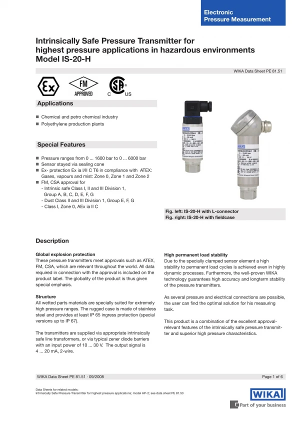 Intrinsically Safe Pressure Transmitter for highest pressure applications in hazardous environments Model IS-20-H