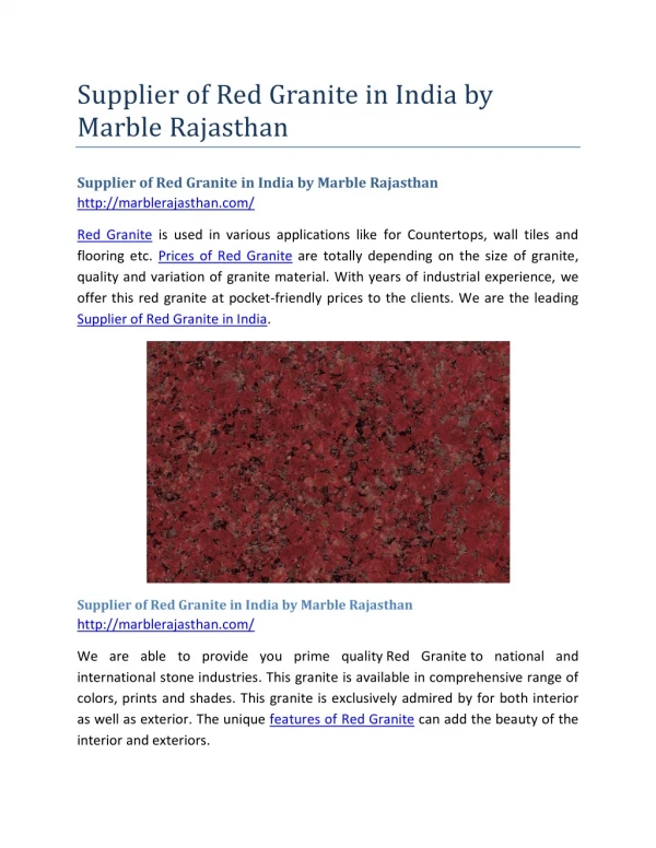 Supplier of Red Granite in India by Marble Rajasthan