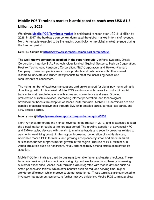 Mobile Point-of-Sale (mPOS) Terminals Market Insights, Forecast to 2026:VeriFone Systems, Oracle Corporation, Ingenico S