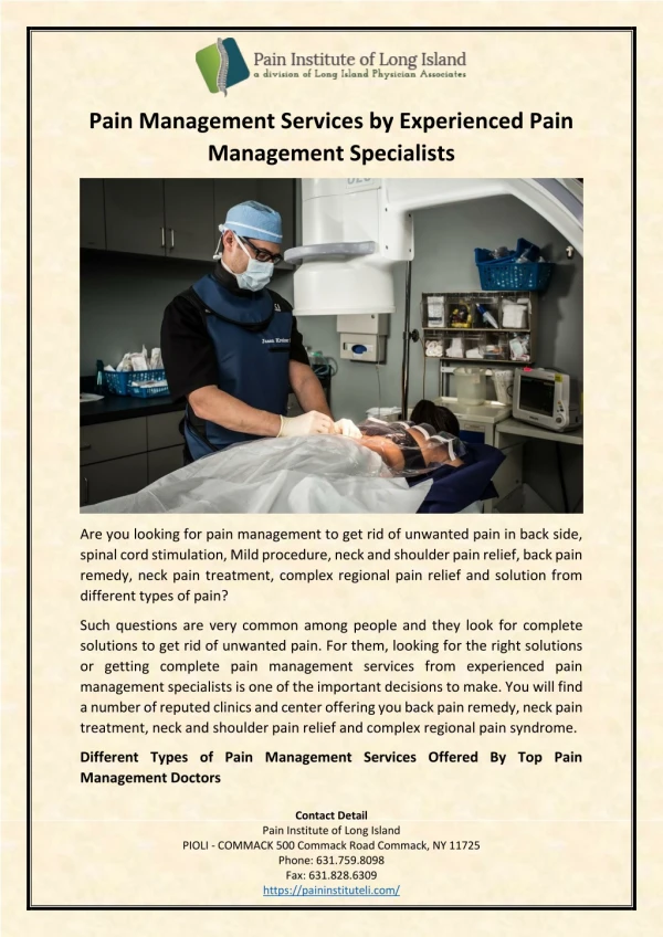 Pain Management Services by Experienced Pain Management Specialists