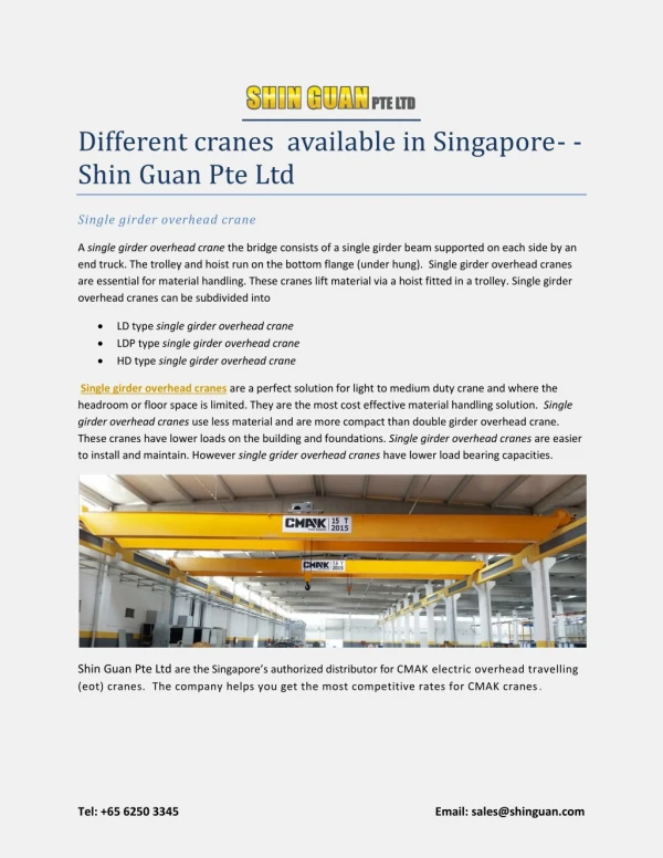Different cranes available in Singapore - Shin Guan Pte Ltd