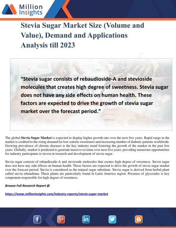 Stevia Sugar Market Size (Volume and Value), Demand and Applications Analysis till 2023