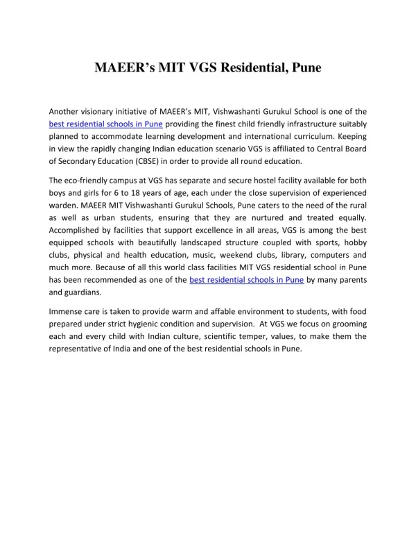 MAEER’s MIT VGS Residential, Pune