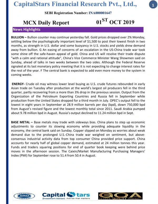 01 October 2019 Mcx Daily Report