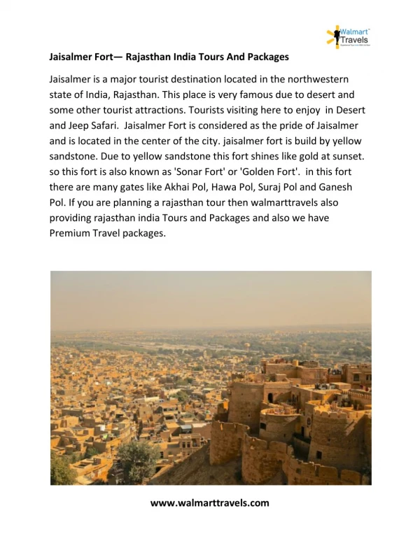 Jaisalmer Fort— Rajasthan India Tours And Packages