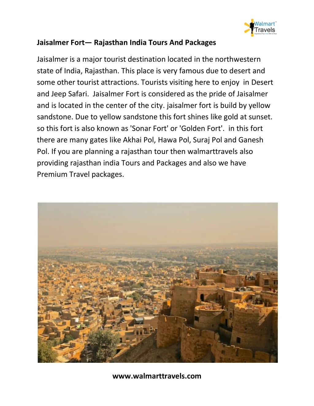 jaisalmer fort rajasthan india tours and packages