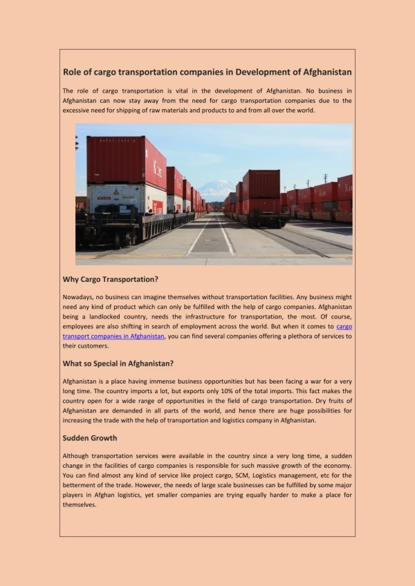Role of cargo transportation companies in Development of Afghanistan