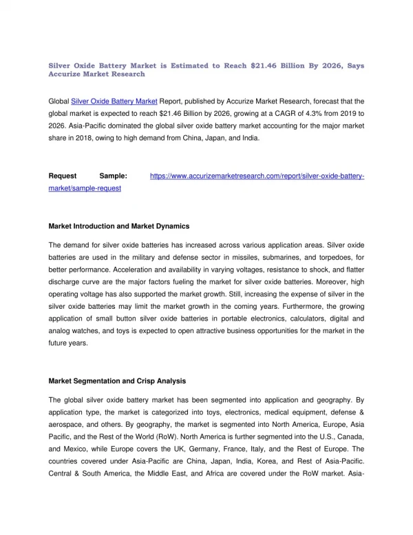 Global Silver Oxide Battery Market