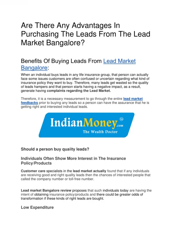 Are There Any Advantages In Purchasing The Leads From The Lead Market Bangalore?