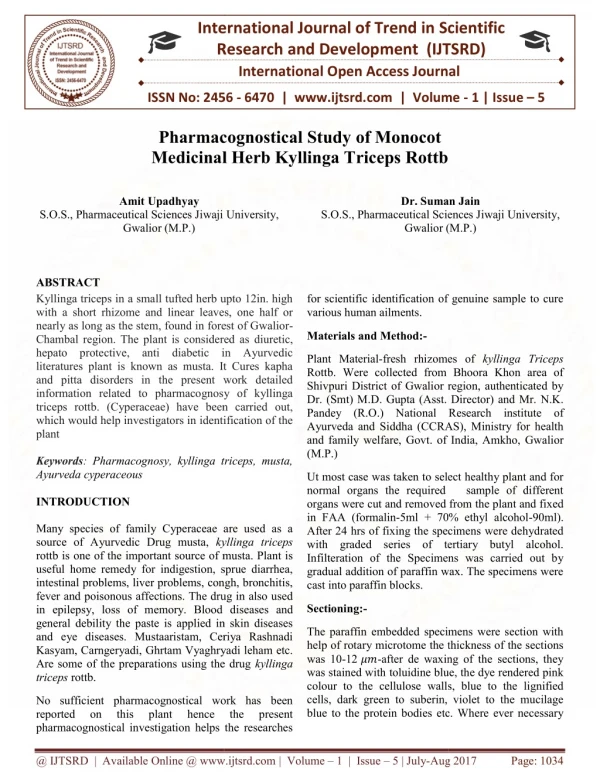 Pharmacognostical study of monocot medicinal herb kyllinga triceps rottb