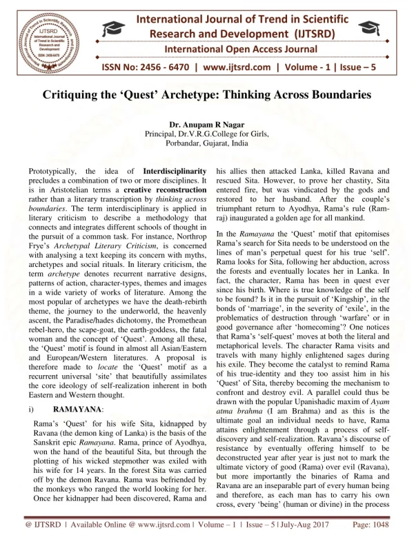 Critiquing the Quest Archetype Thinking Across Boundaries