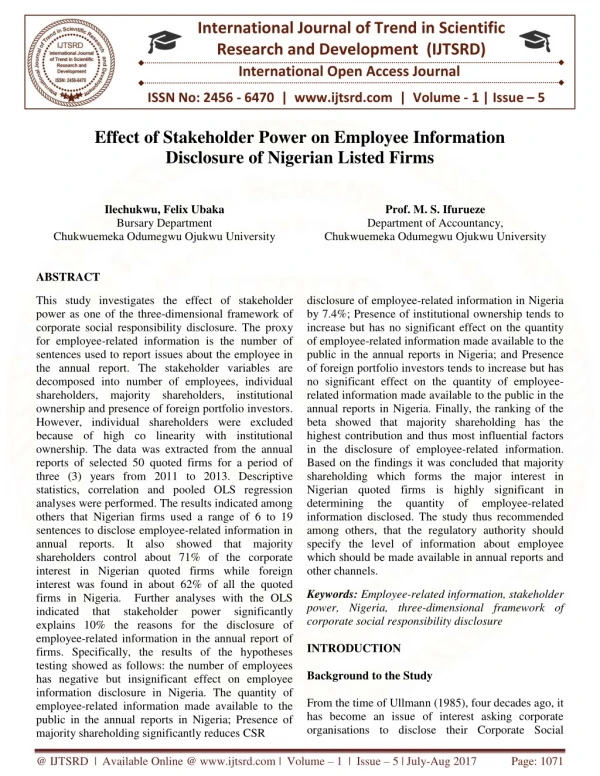 Effect of Stakeholder Power on the Employee Information Disclosure of Nigerian Listed Firms A Panel Study