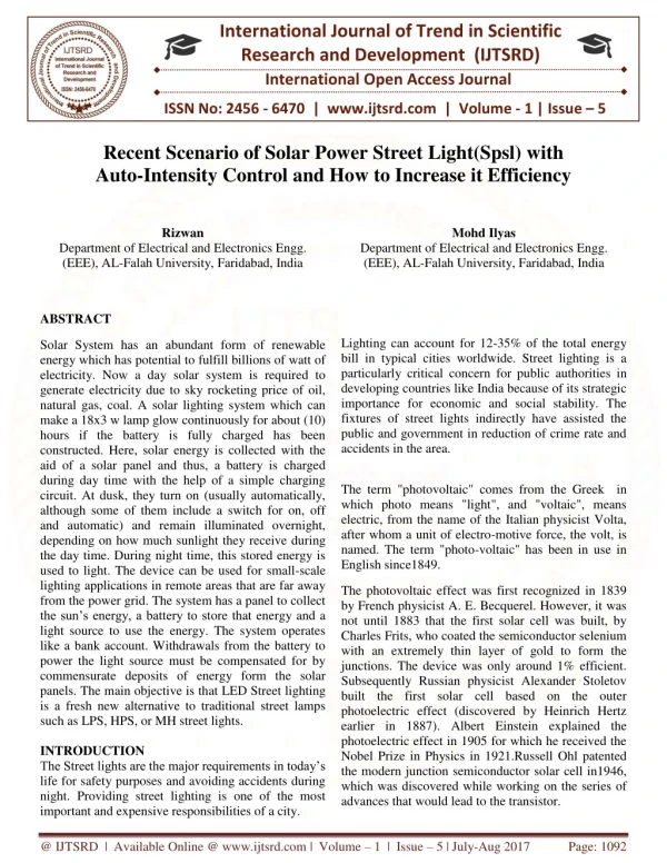 Recent Scenario of Solar Power Street Light SPSL with Auto Intensity Control and How to Increase it Efficiency