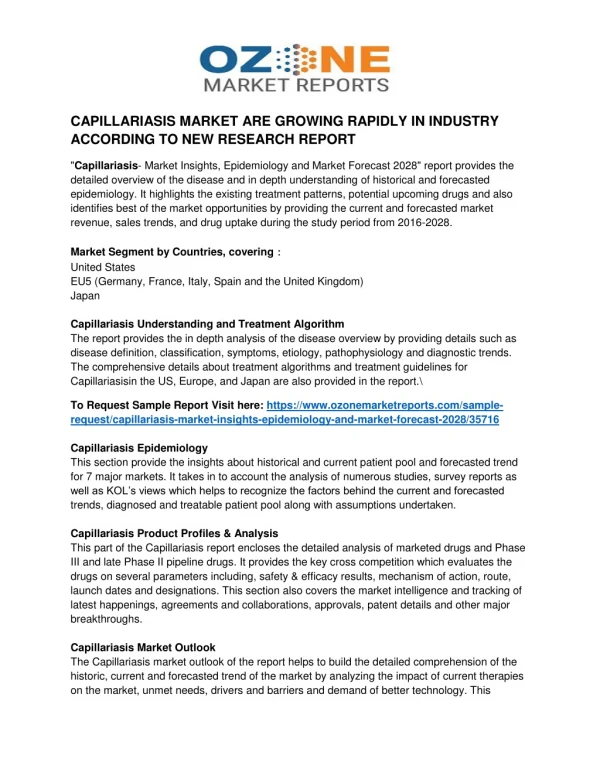 CAPILLARIASIS MARKET ARE GROWING RAPIDLY IN INDUSTRY ACCORDING TO NEW RESEARCH REPORT