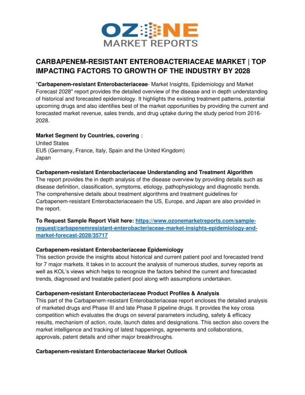 CARBAPENEM-RESISTANT ENTEROBACTERIACEAE MARKET | TOP IMPACTING FACTORS TO GROWTH OF THE INDUSTRY BY 2028