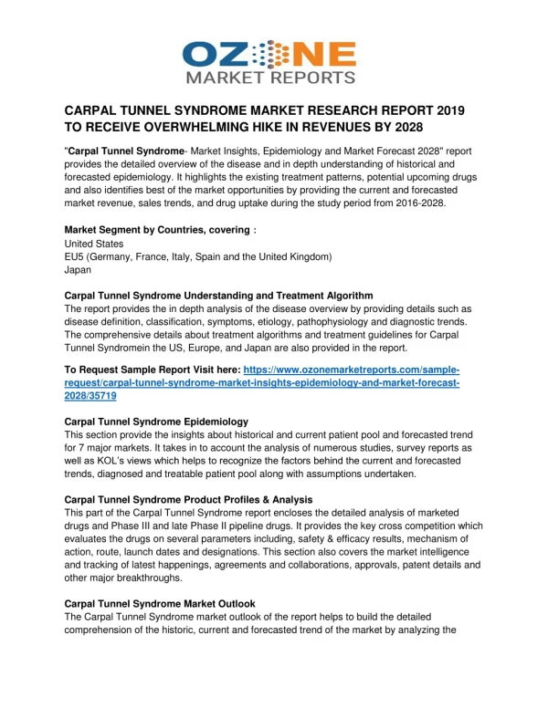 CARPAL TUNNEL SYNDROME MARKET RESEARCH REPORT 2019 TO RECEIVE OVERWHELMING HIKE IN REVENUES BY 2028