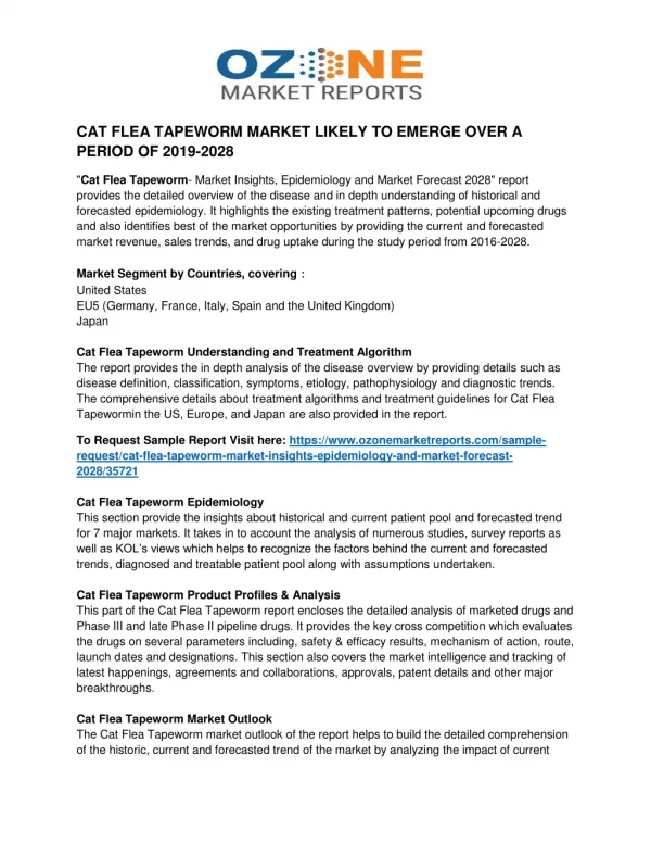 CAT FLEA TAPEWORM MARKET LIKELY TO EMERGE OVER A PERIOD OF 2016-2028