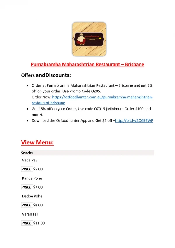 15% Off - Purnabramha Maharashtrian Restaurant - Brisbane-Camp Hill - Order Food Online