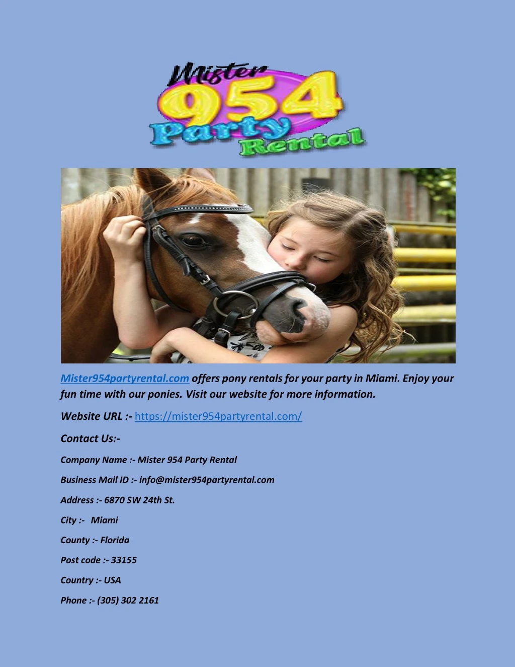 mister954partyrental com offers pony rentals