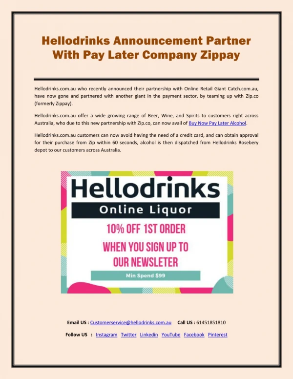 Hellodrinks - Announcement Partner With Pay Later Company Zippay