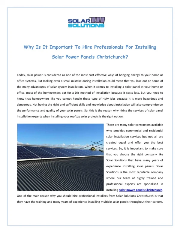 Why Is It Important To Hire Professionals For Installing Solar Power Panels Christchurch?