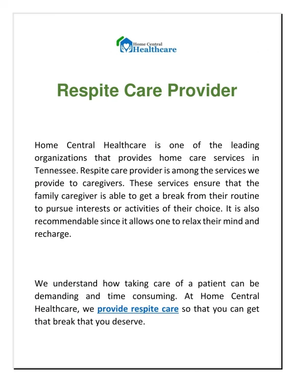 Find Respite Care Provider | Homecentralhealthcare