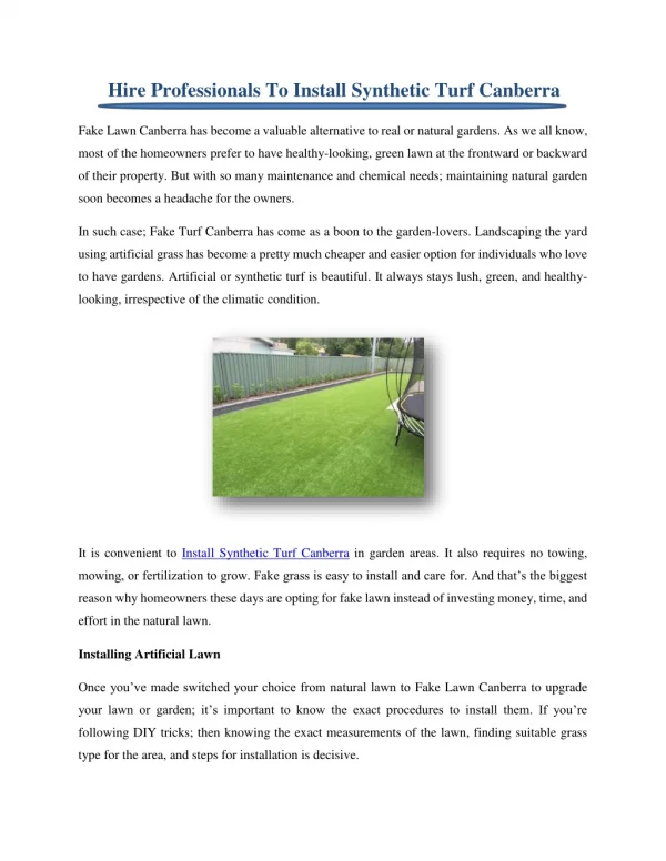 Hire Professionals To Install Synthetic Turf Canberra