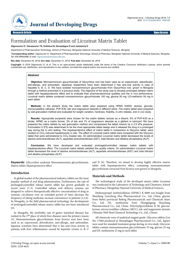 Formulation and Evaluation of Licozinat Matrix Tablet