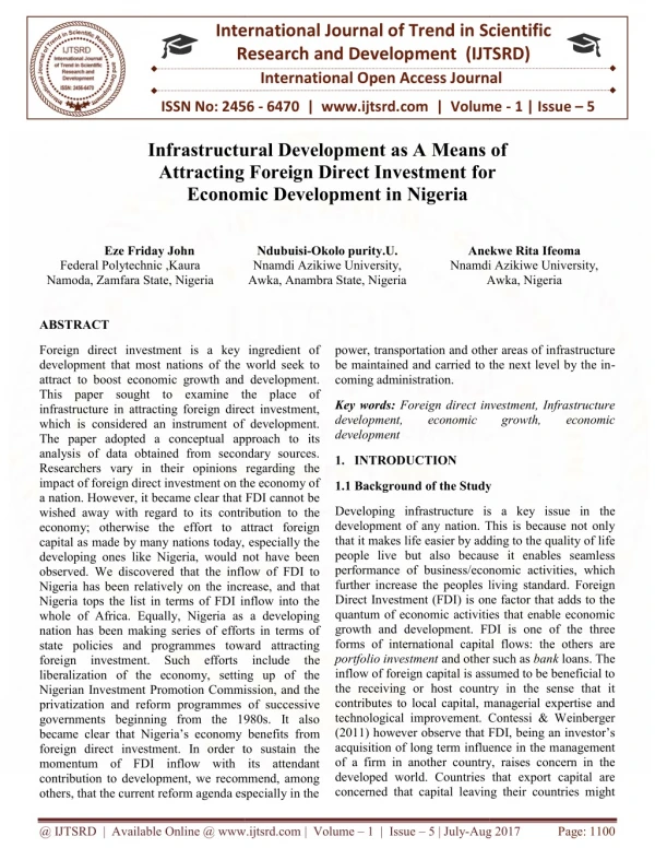 Infrastructural Development as a Means of Attracting Foreign Direct Investment for Economic Development in Nigeria