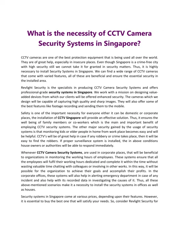 What is the necessity of CCTV Camera Security Systems in Singapore?