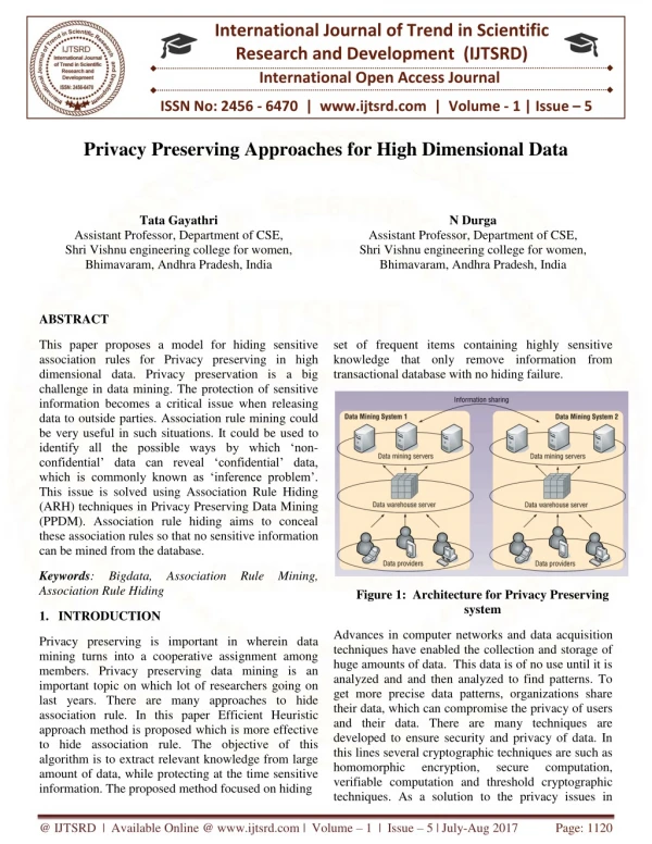 Privacy Preserving Approaches for High Dimensional Data