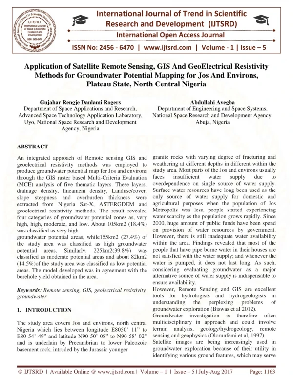 Application of Satellite Remote Sensing, GIS and Geoelectrical Resistivity Methods for Groundwater Potential Mapping for