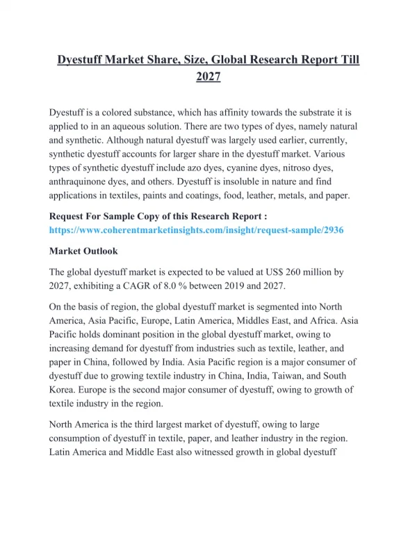 Dyestuff Market Share, Size, Global Research Report Till 2027