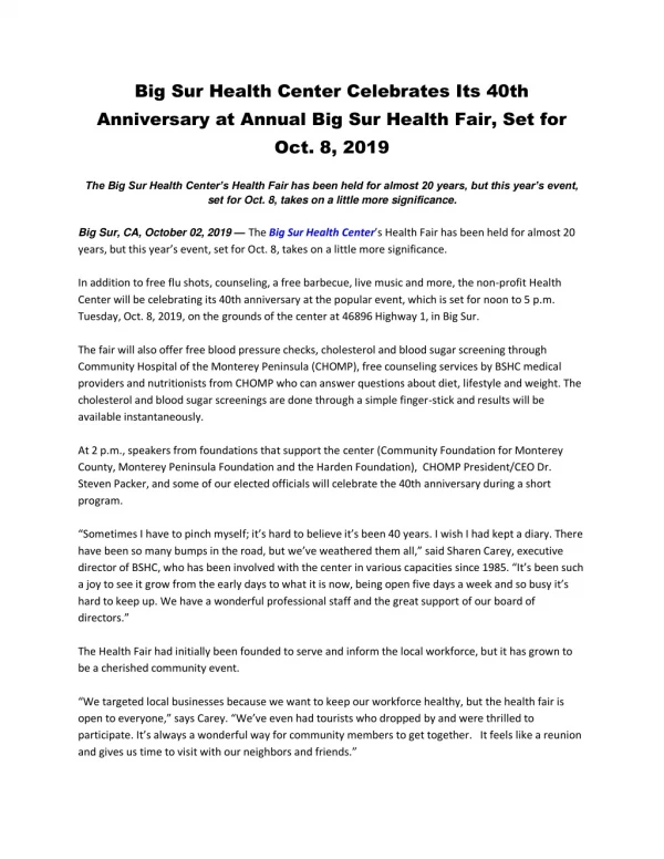 Big Sur Health Center Celebrates Its 40th Anniversary at Annual Big Sur Health Fair, Set for Oct. 8, 2019