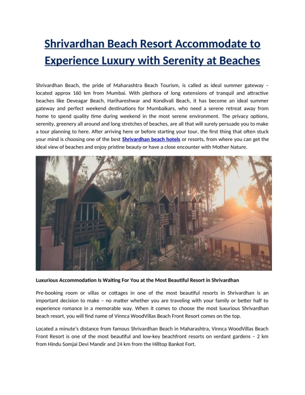 Shrivardhan Beach Resort Accommodate to Experience Luxury with Serenity at Beaches