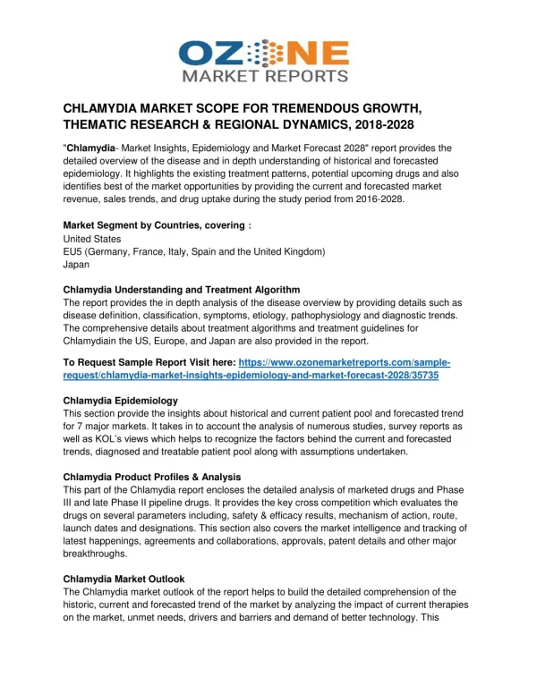 CHLAMYDIA MARKET SCOPE FOR TREMENDOUS GROWTH, THEMATIC RESEARCH & REGIONAL DYNAMICS, 2018-2028