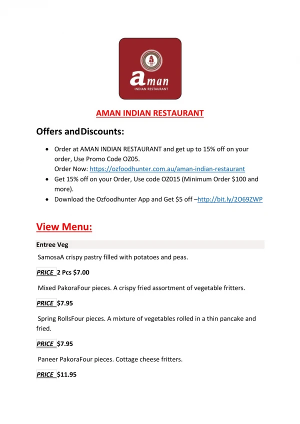 25% Off -AMAN INDIAN RESTAURANT-Sunshine - Order Food Online