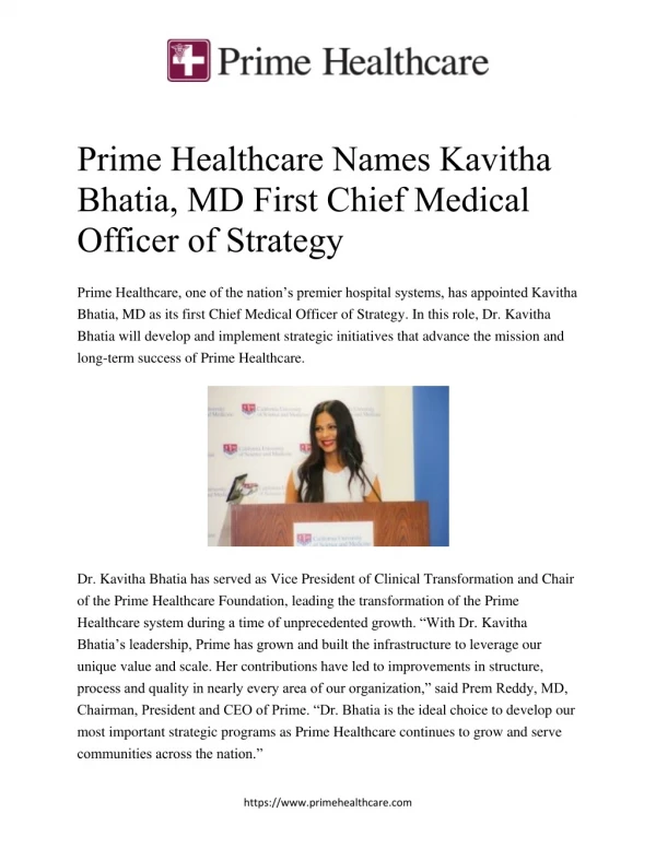 Prime Healthcare Names Kavitha Bhatia, MD First Chief Medical Officer of Strategy